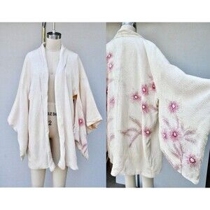 Textured Crinkled Silk Kimono Floral Reversible Haori Robe Duster Bed Jacket